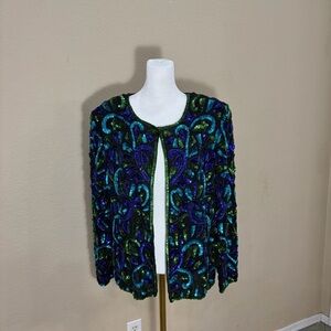 Vtg Stenay Womens Multi Colored Sequined and Beaded Cardigan Retro Funky Hippie